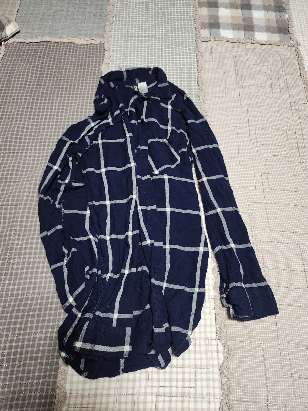 Divided Navy and White Windowpane Plaid Button-Down Shirt
